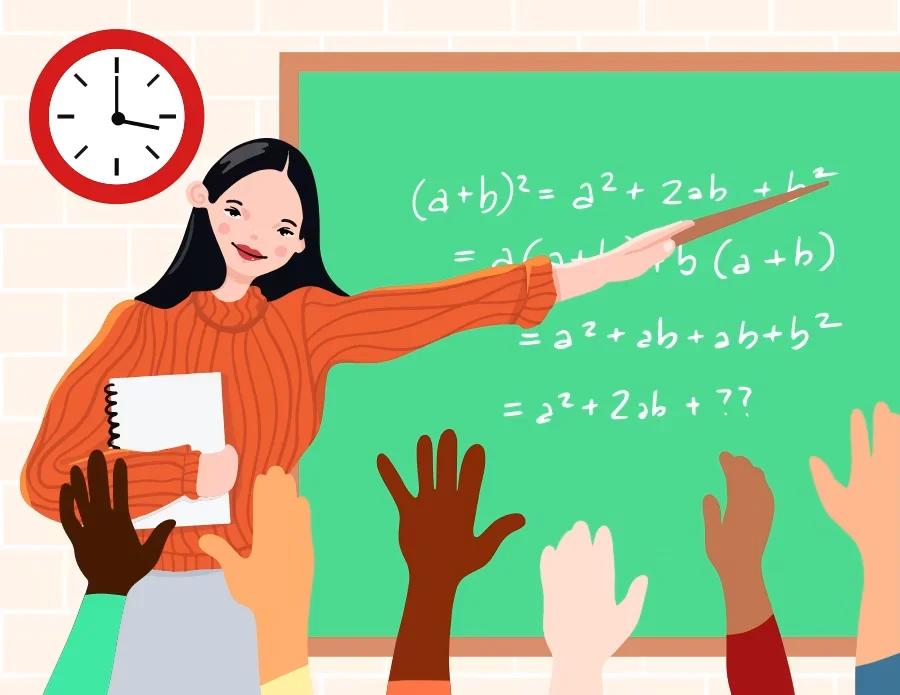 Teacher at chalkboard with students raising hands