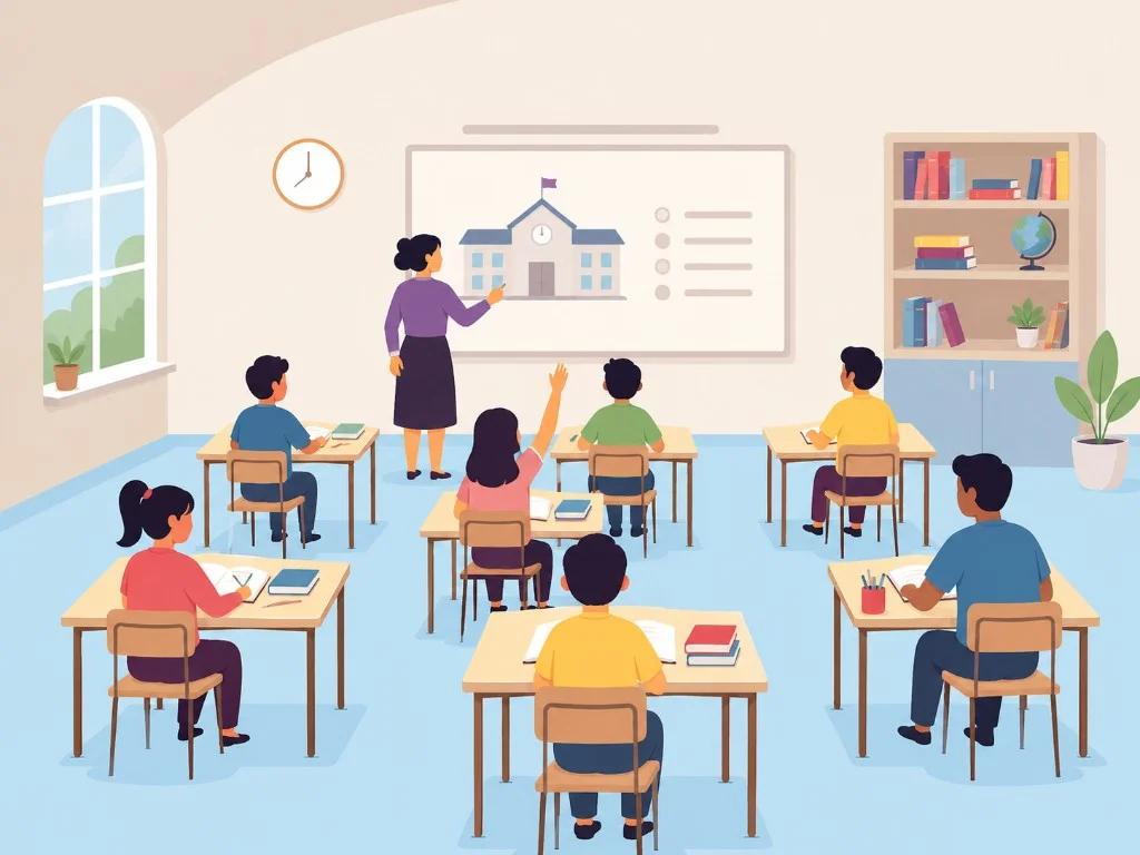 Classroom illustration — teacher and students in a modern school
