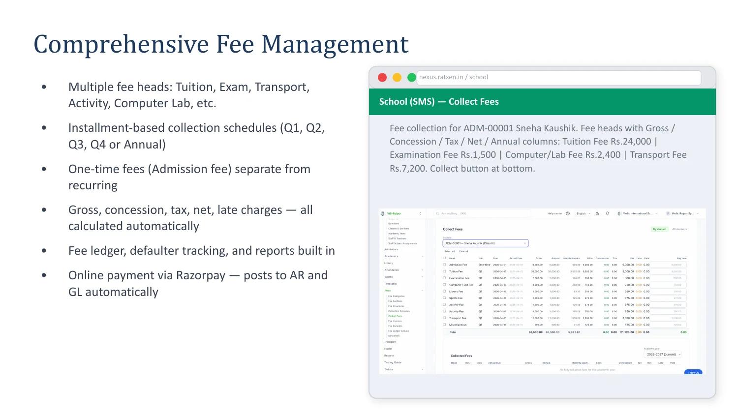 Nexus school fee collection and fee heads
