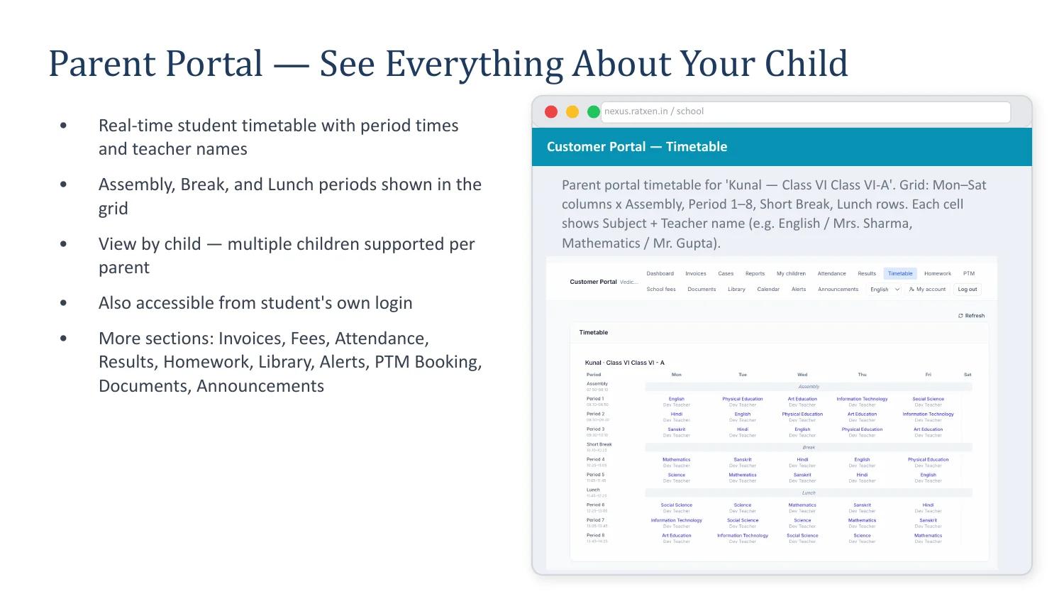 Parent timetable portal in Nexus School