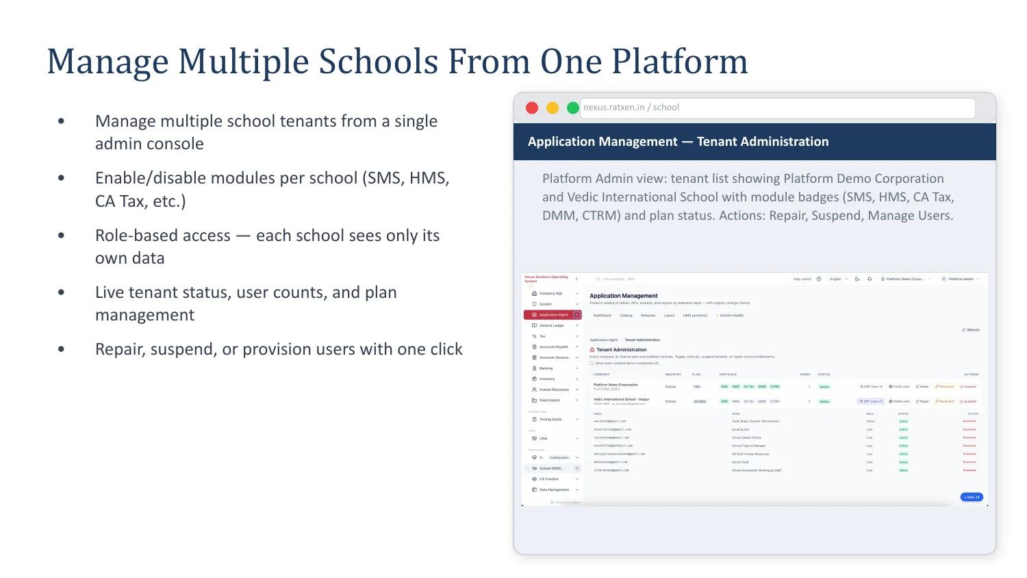 Nexus multi-tenant school administration console