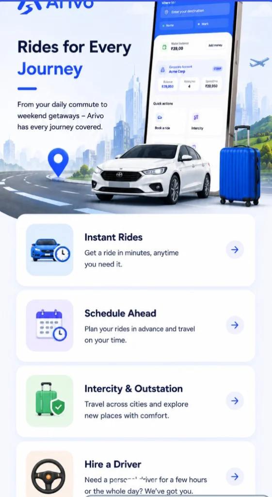 Arivo ride types — instant, scheduled, intercity, hire a driver