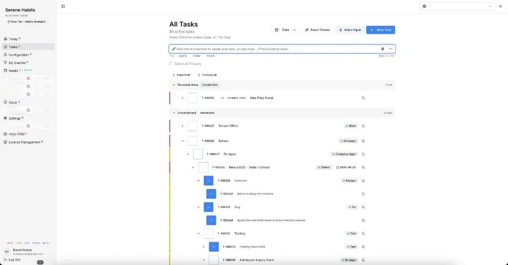 Serene Habits hierarchical tasks view