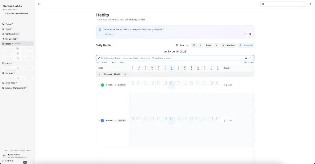 Serene Habits streak and calendar grid